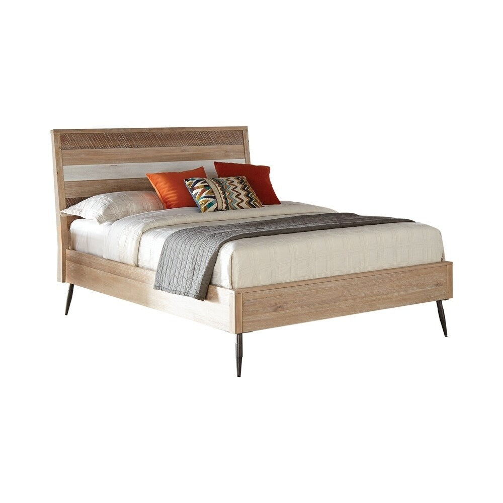 California King Bed with Plank Style Headboard and Round Tapered Legs,Brown