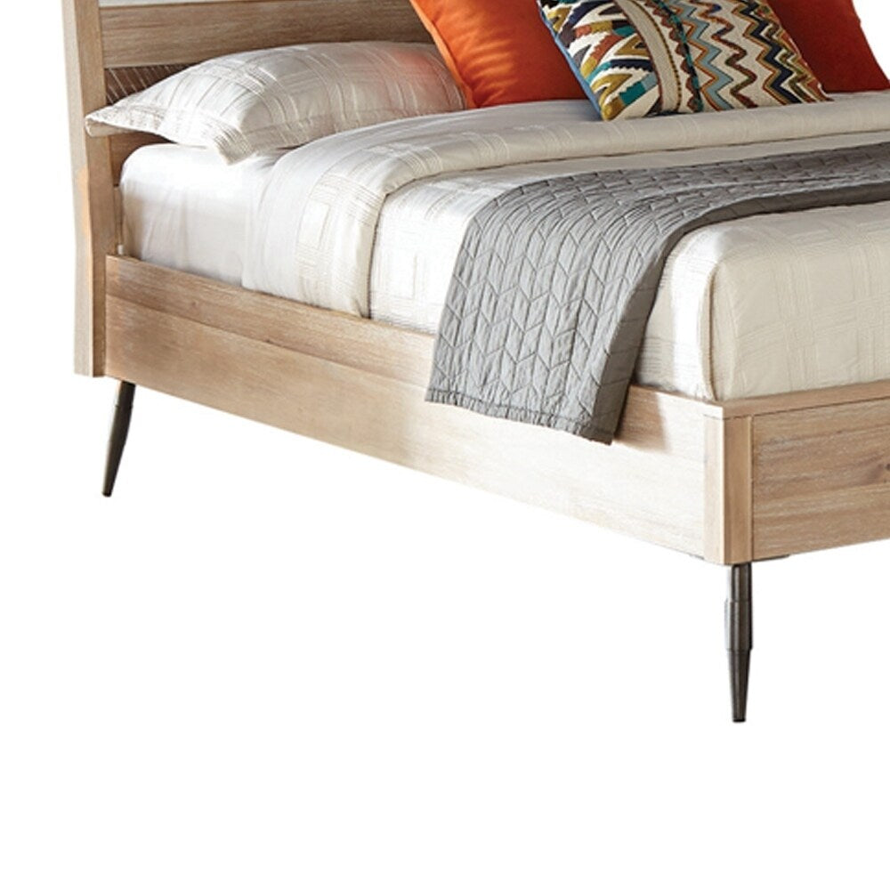 California King Bed with Plank Style Headboard and Round Tapered Legs,Brown