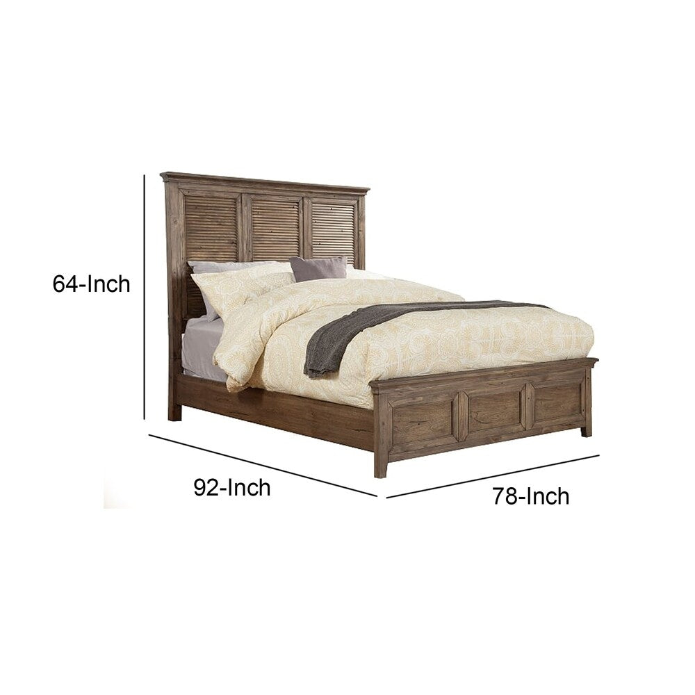 California King Size Bed with Louver Design High Headboard, Brown