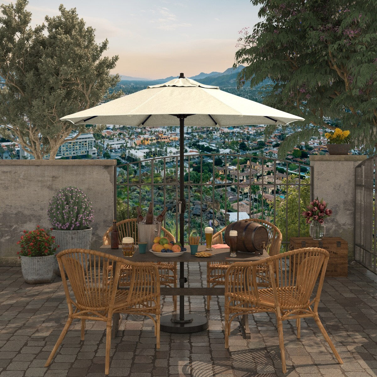 California Umbrella 7.5' Round Aluminum Crank Lift Auto Tilt 8 Rib Patio Umbrella, Bronze Finish, Sunbrella Fabric