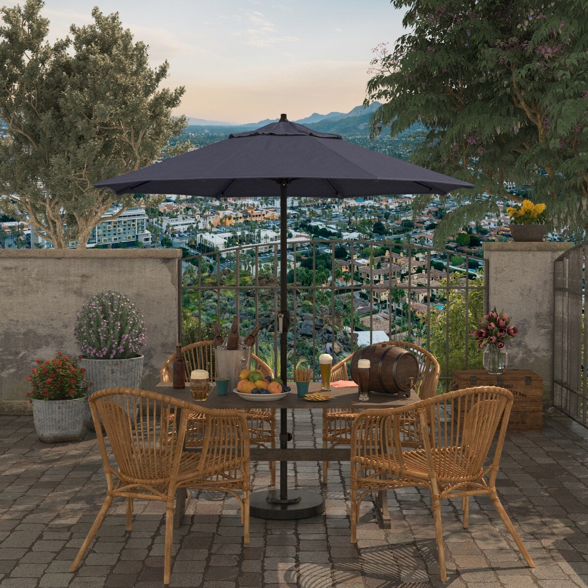 California Umbrella 7.5' Round Aluminum Crank Lift Auto Tilt 8 Rib Patio Umbrella, Bronze Finish, Sunbrella Fabric