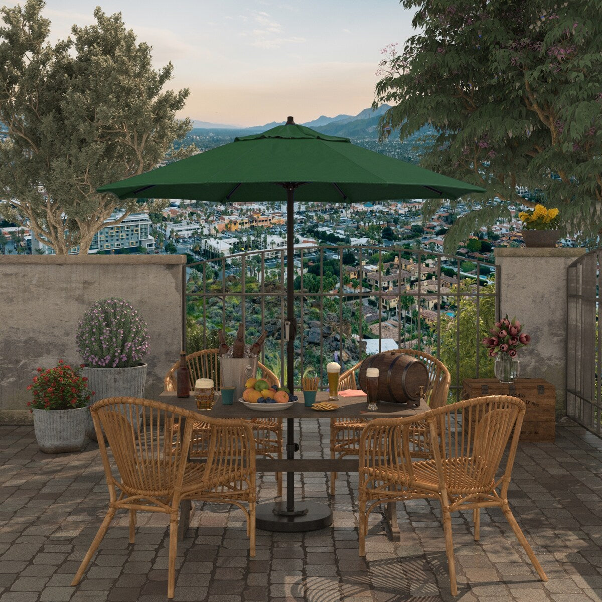California Umbrella 7.5' Round Aluminum Crank Lift Auto Tilt 8 Rib Patio Umbrella, Bronze Finish, Sunbrella Fabric