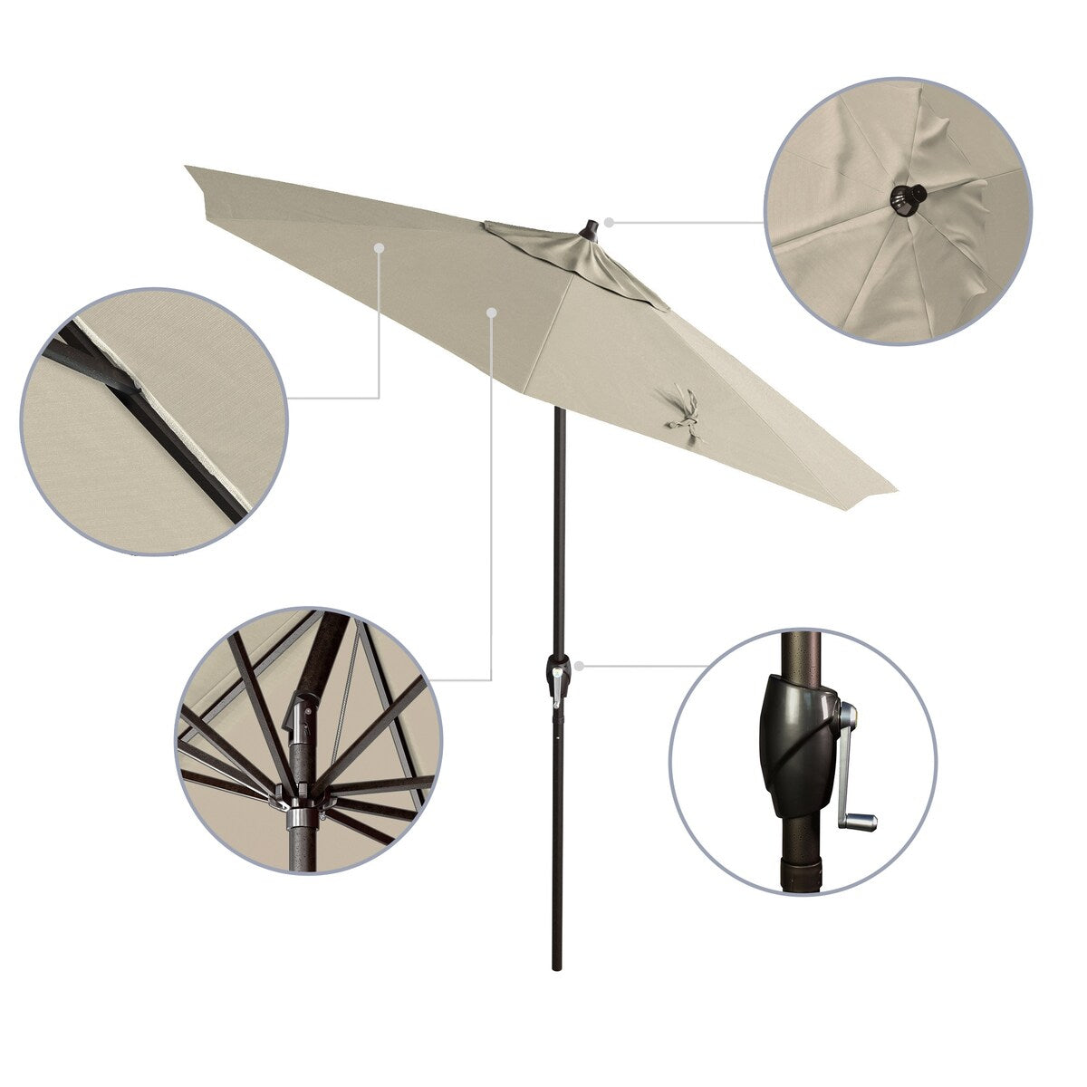 California Umbrella 7.5' Round Aluminum Crank Lift Auto Tilt 8 Rib Patio Umbrella, Bronze Finish, Sunbrella Fabric
