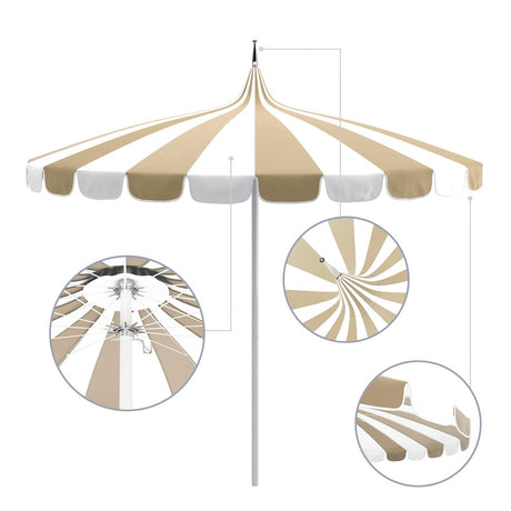 California Umbrella 8.5' Pagoda Series Patio Umbrella White Aluminum Pole Push Lift Sunbrella Natural and Pacific Blue