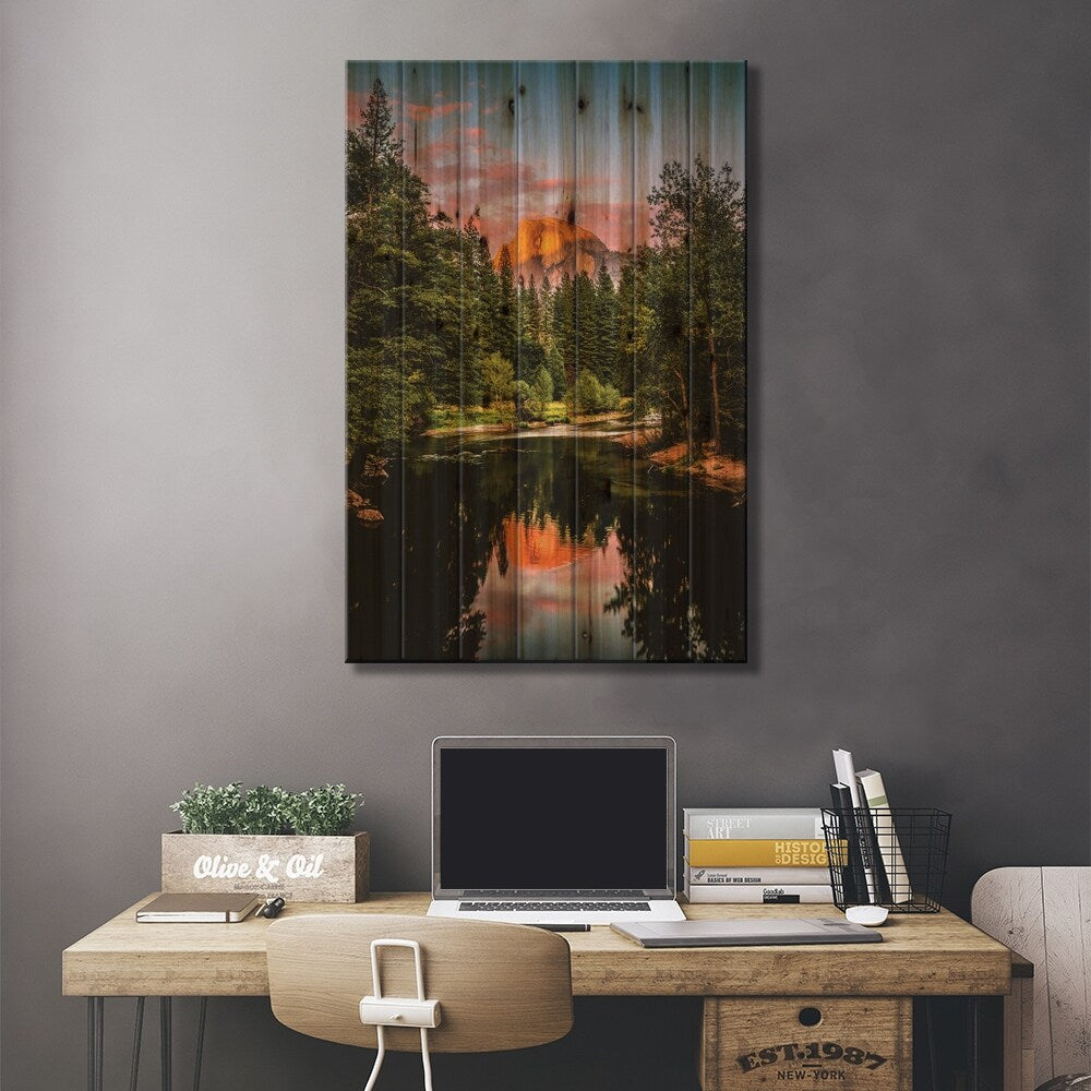 California Yosemite Valley Sunset Reflection Print On Wood by Alex G Perez - Multi-Color