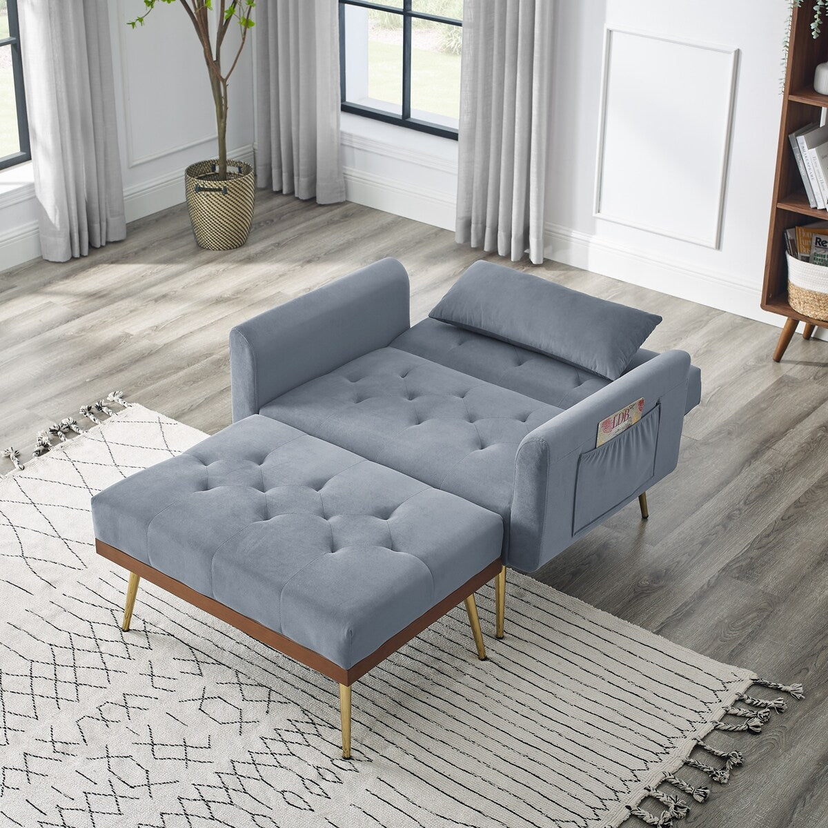 Velvet Accent Chair Recline Sofa Chair with Ottoman, 2 Arm Pocket & 1 Pillow