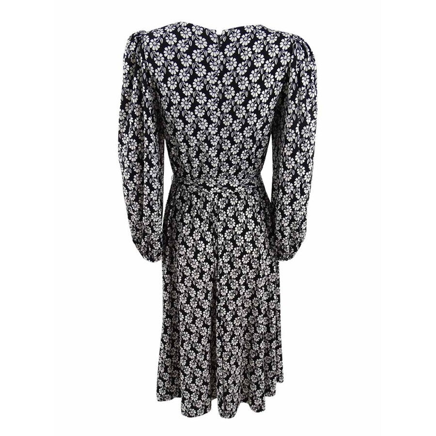 Calvin Klein Women's Daisy-Print Belted A-Line Dress (4, Black/Cream)