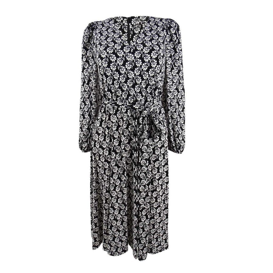 Calvin Klein Women's Daisy-Print Belted A-Line Dress (4, Black/Cream)