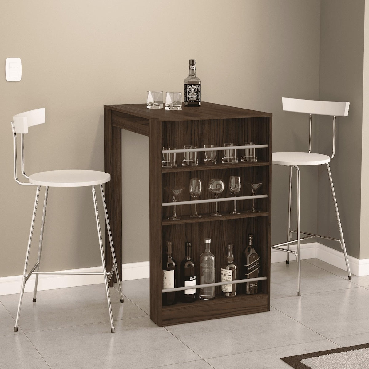 Cambridge Stylish Bar Table, Brown Finish, Wine Storage