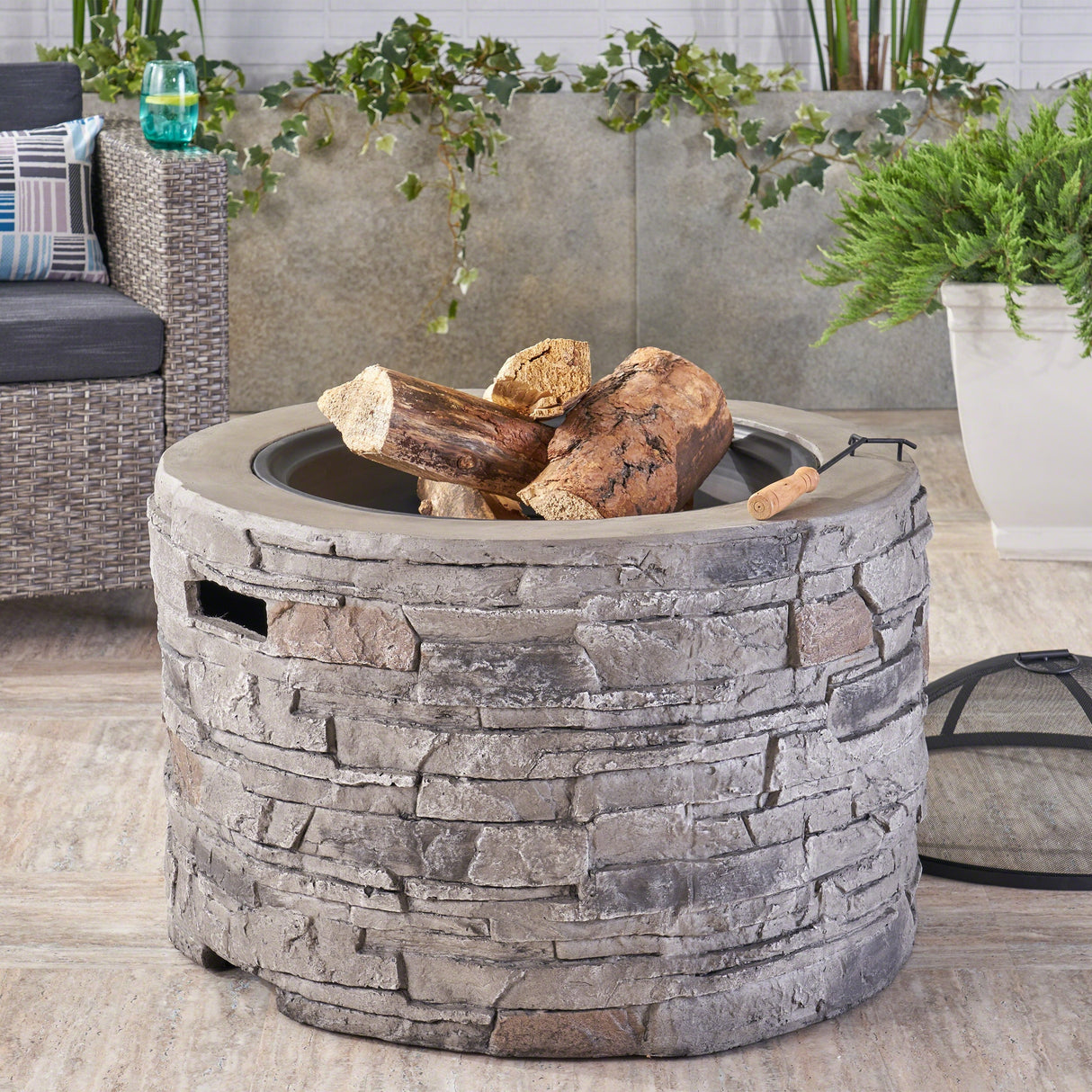 Camila Outdoor 32-Inch Wood Burning Light-Weight Concrete Round Fire Pit by Christopher Knight Home