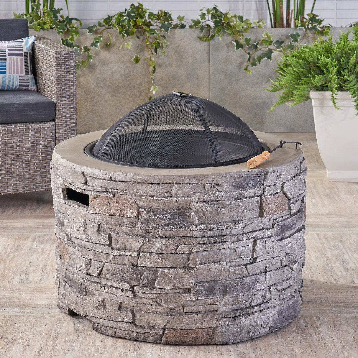 Camila Outdoor 32-Inch Wood Burning Light-Weight Concrete Round Fire Pit by Christopher Knight Home