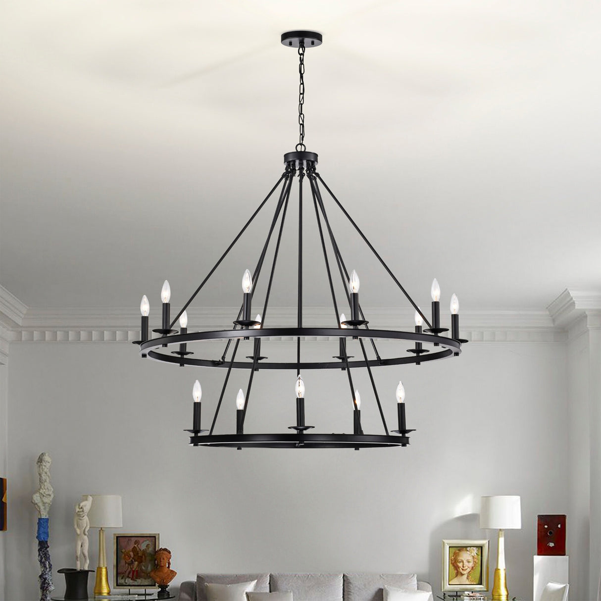 Camilla Candle Style Wagon Wheel 45 Inch Chandelier Matte Black Finish with 15 Light