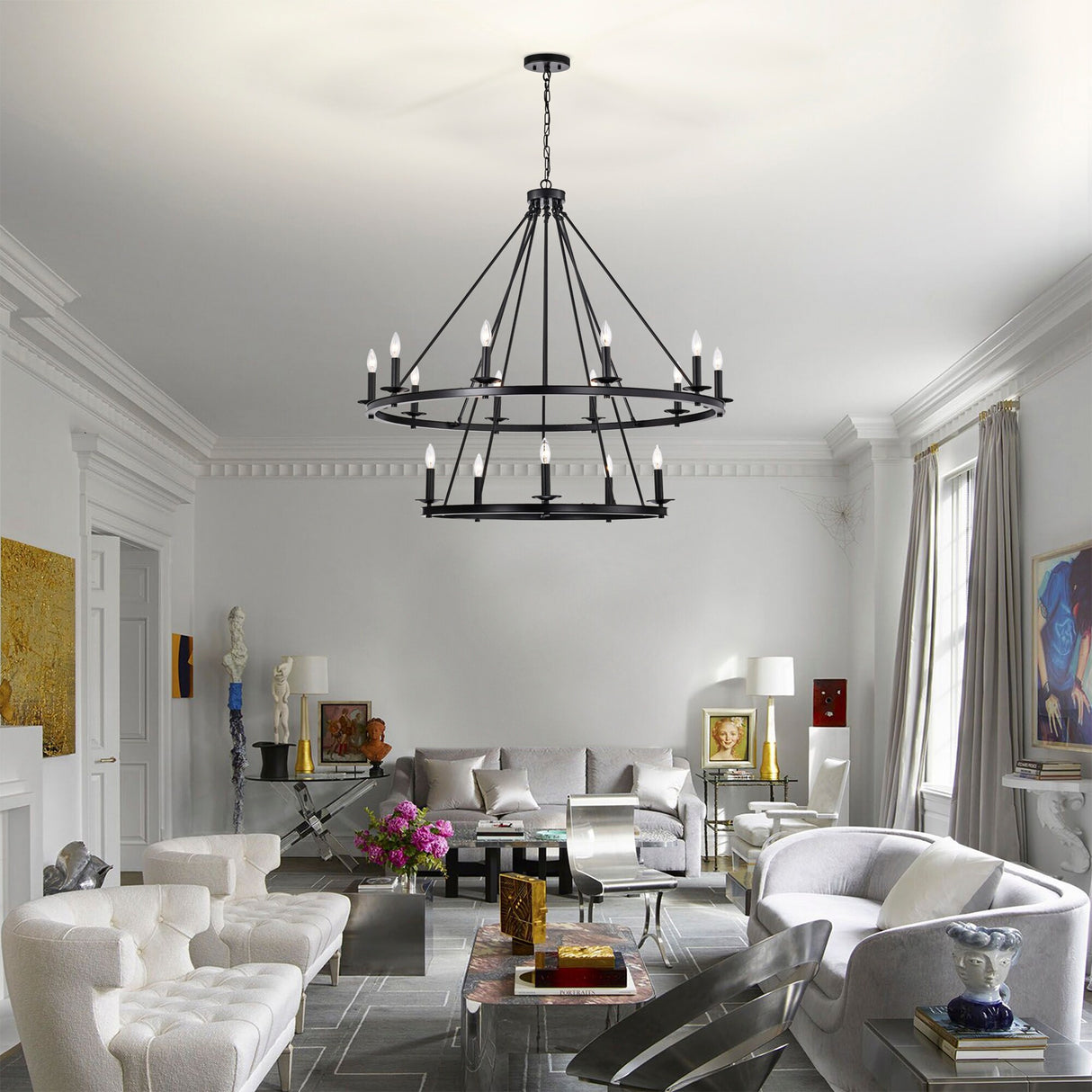 Camilla Candle Style Wagon Wheel 45 Inch Chandelier Matte Black Finish with 15 Light