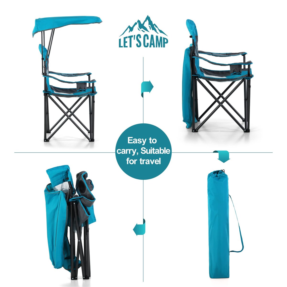 Camp Chair with Shade Canopy Folding Camping Chair with Cup Holder and Carry Bag, Heavy Duty 350 LBS