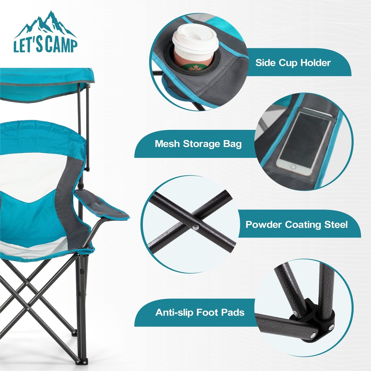 Camp Chair with Shade Canopy Folding Camping Chair with Cup Holder and Carry Bag, Heavy Duty 350 LBS