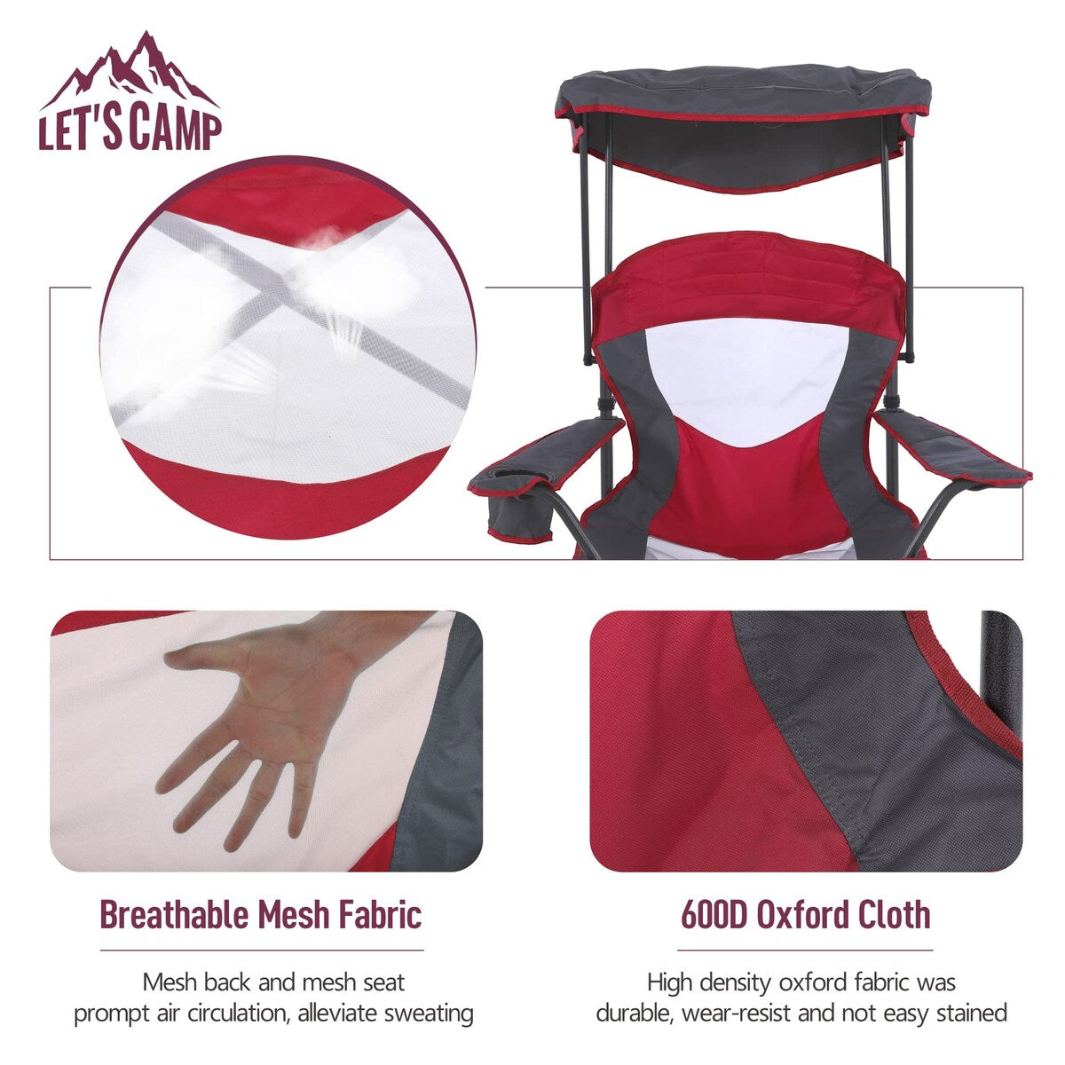 Camp Chair with Shade Canopy Folding Camping Chair with Cup Holder and Carry Bag, Heavy Duty 350 LBS