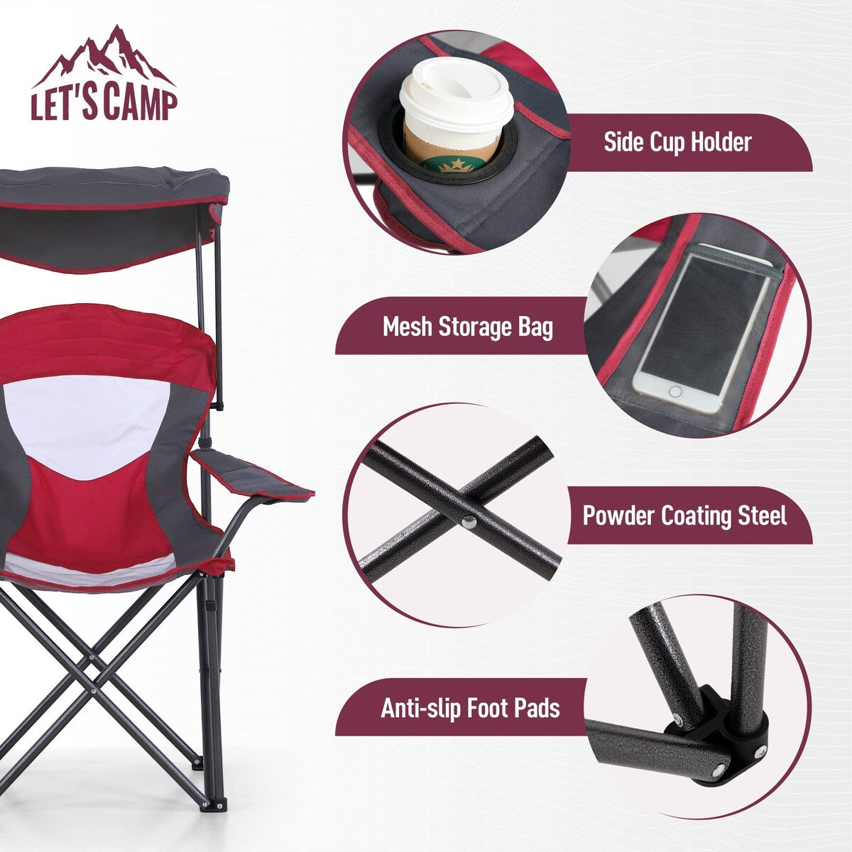 Camp Chair with Shade Canopy Folding Camping Chair with Cup Holder and Carry Bag, Heavy Duty 350 LBS