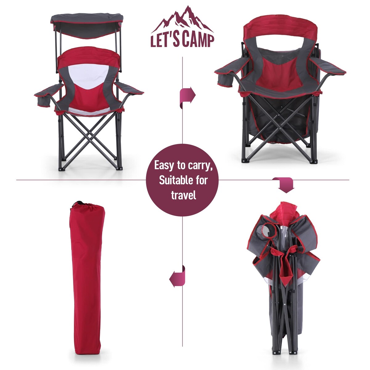 Camp Chair with Shade Canopy Folding Camping Chair with Cup Holder and Carry Bag, Heavy Duty 350 LBS