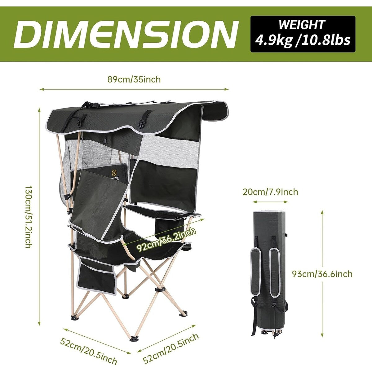 Camping Chair with Shade Canopy, Portable Camping Chairs, Detachable Shade Canopy, Side-Pocket and Cupholder