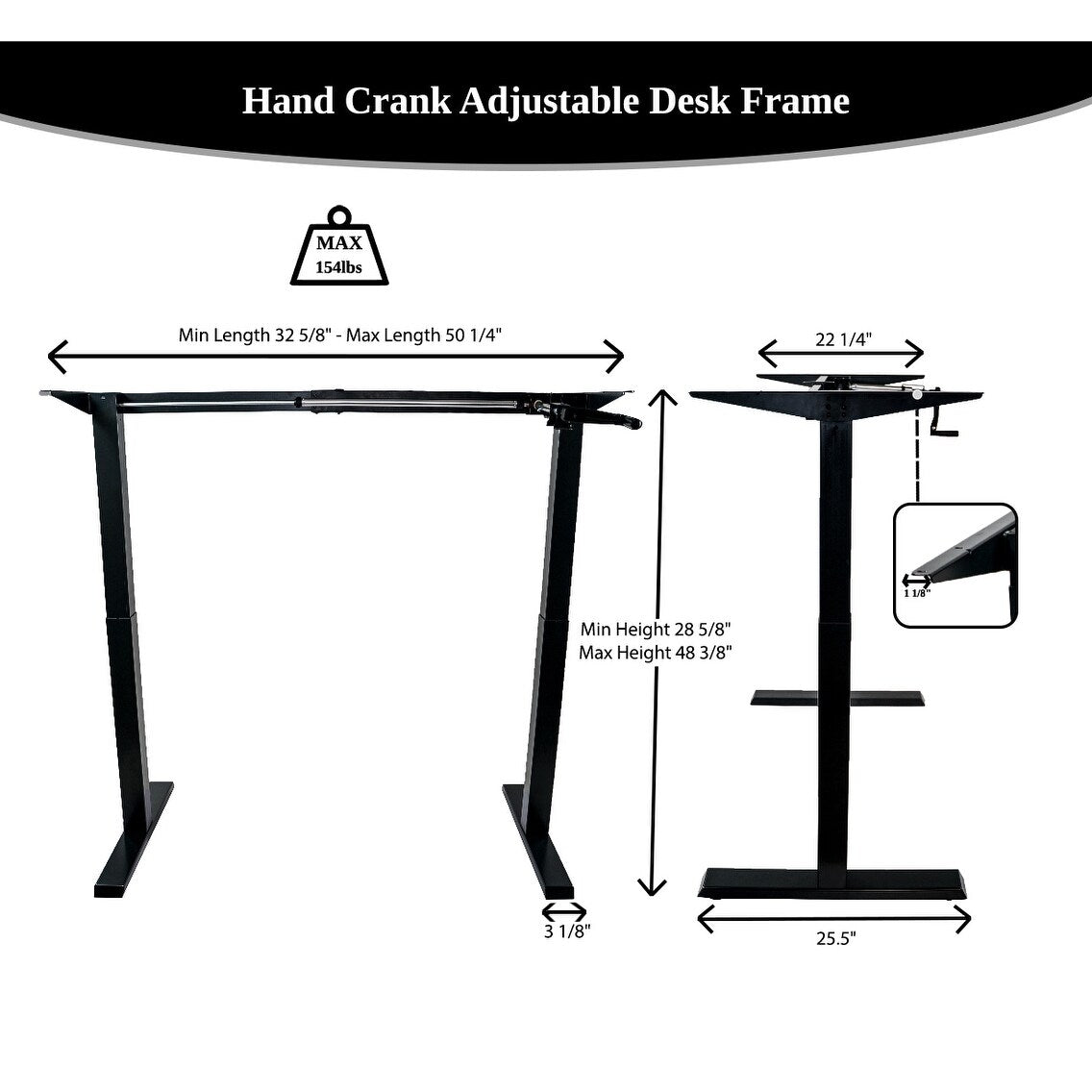 Canary Products White Height Adjustable Crank Desk Frame, Tabletop Not Included, 48.56 Inch Max Height