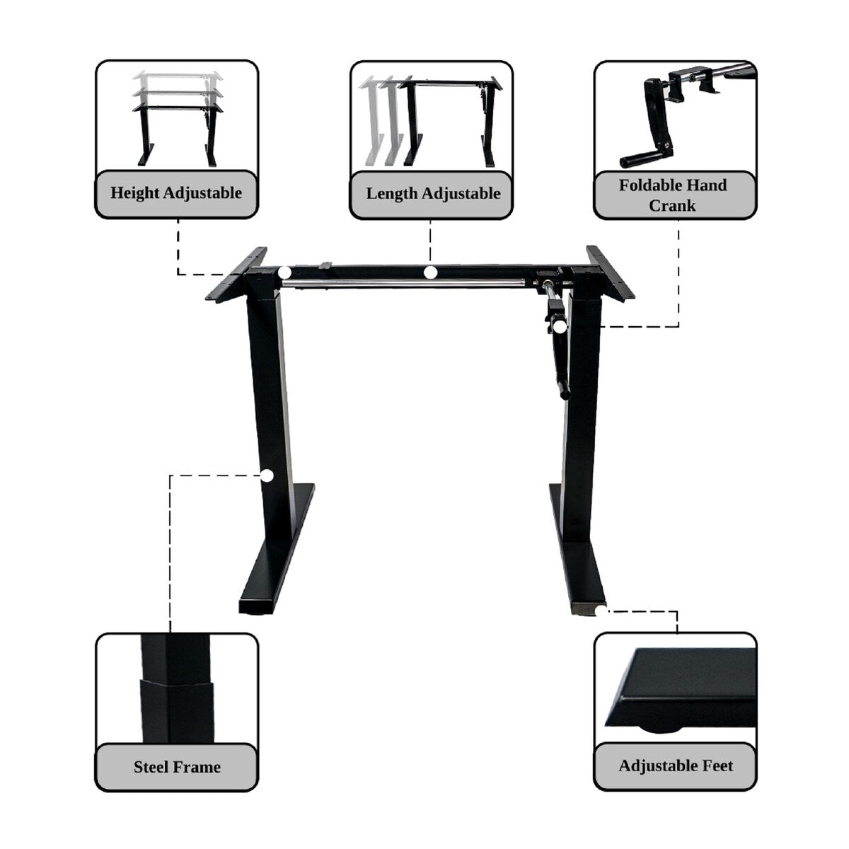 Canary Products White Height Adjustable Crank Desk Frame, Tabletop Not Included, 48.56 Inch Max Height