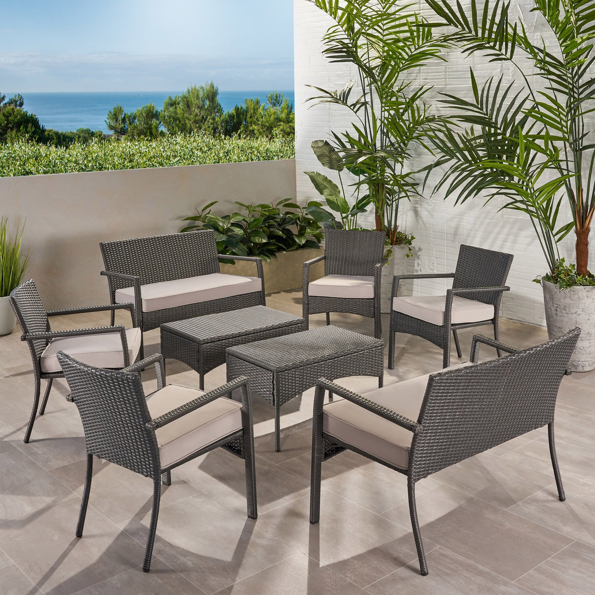Cancun Outdoor 8 Seater Wicker Chat Set with Cushions by Christopher Knight Home