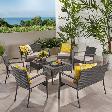 Cancun Outdoor 8 Seater Wicker Chat Set with Cushions by Christopher Knight Home