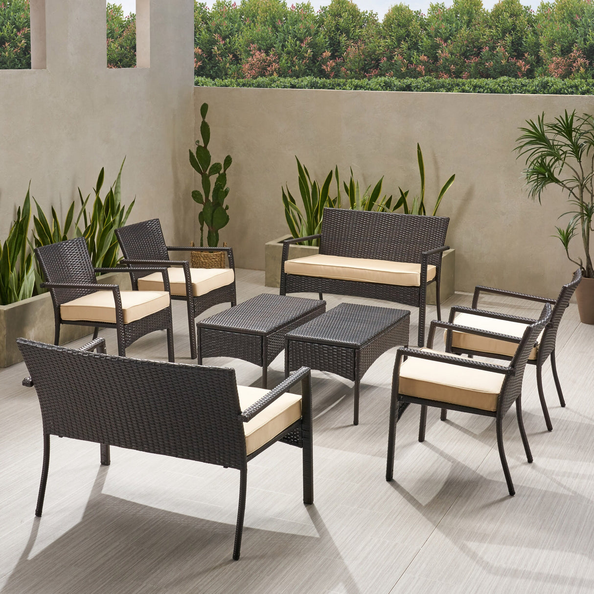 Cancun Outdoor 8 Seater Wicker Chat Set with Cushions by Christopher Knight Home