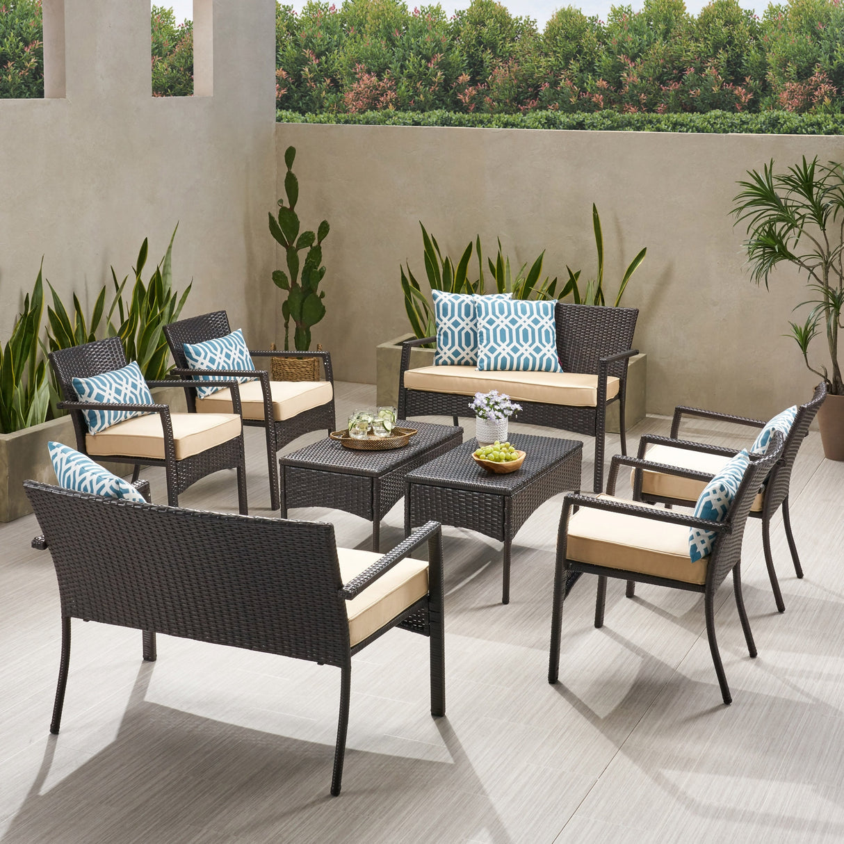 Cancun Outdoor 8 Seater Wicker Chat Set with Cushions by Christopher Knight Home