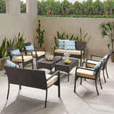Cancun Outdoor 8 Seater Wicker Chat Set with Cushions by Christopher Knight Home