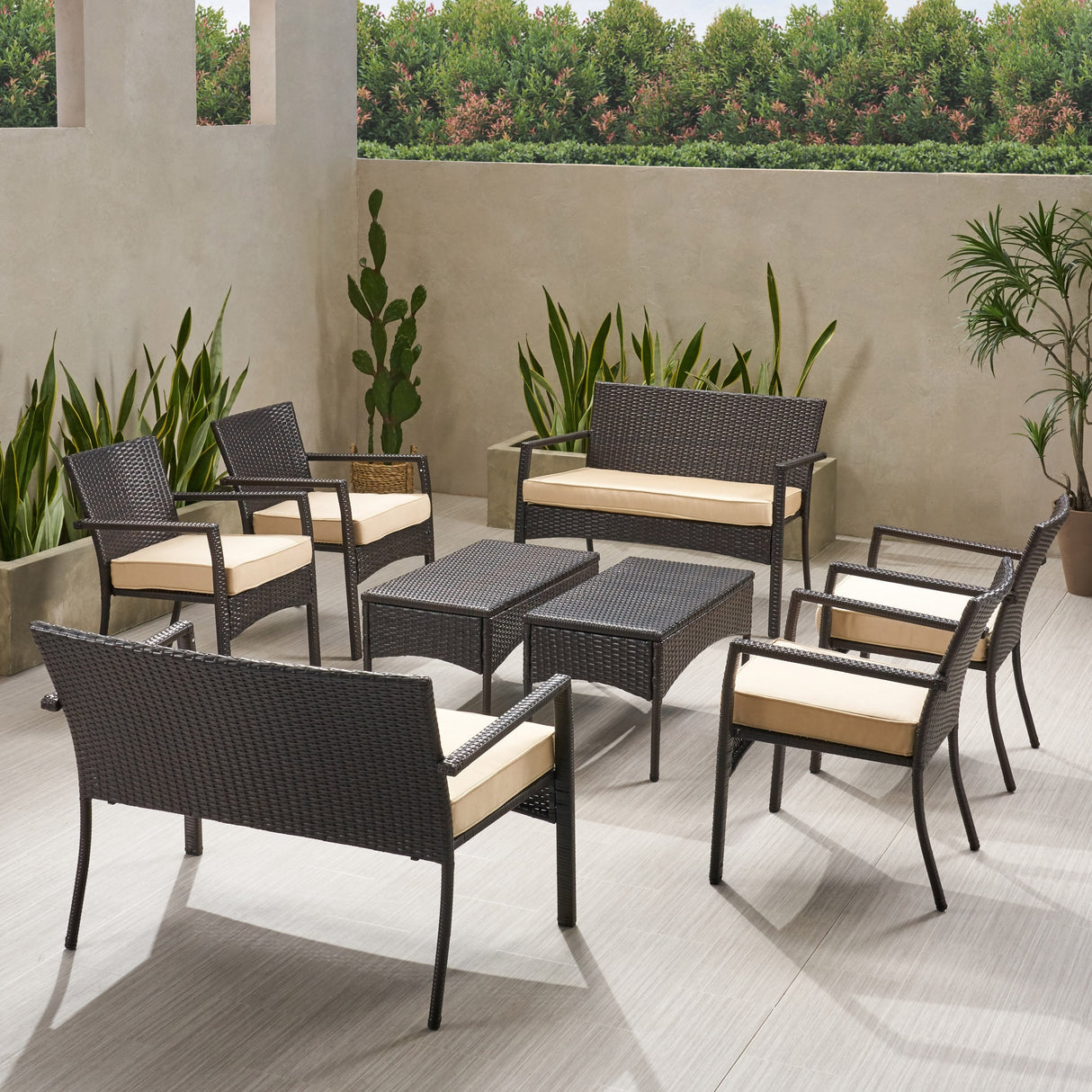 Cancun Outdoor 8 Seater Wicker Chat Set with Cushions by Christopher Knight Home