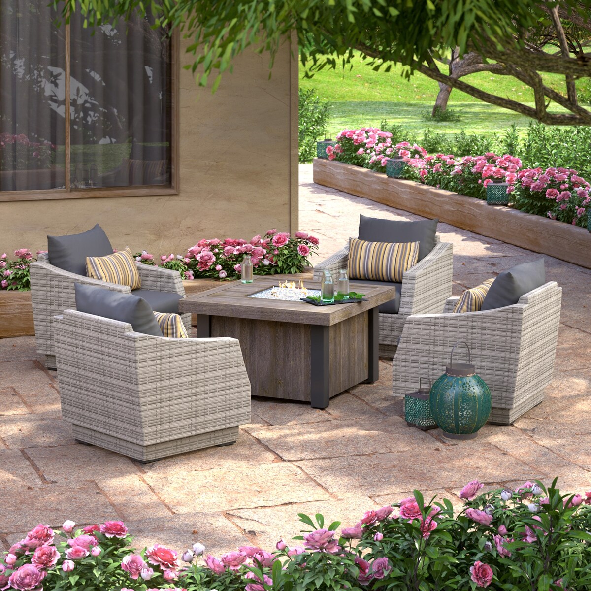 Cannes 5 Piece Sunbrella Outdoor Patio Fire Chat Set