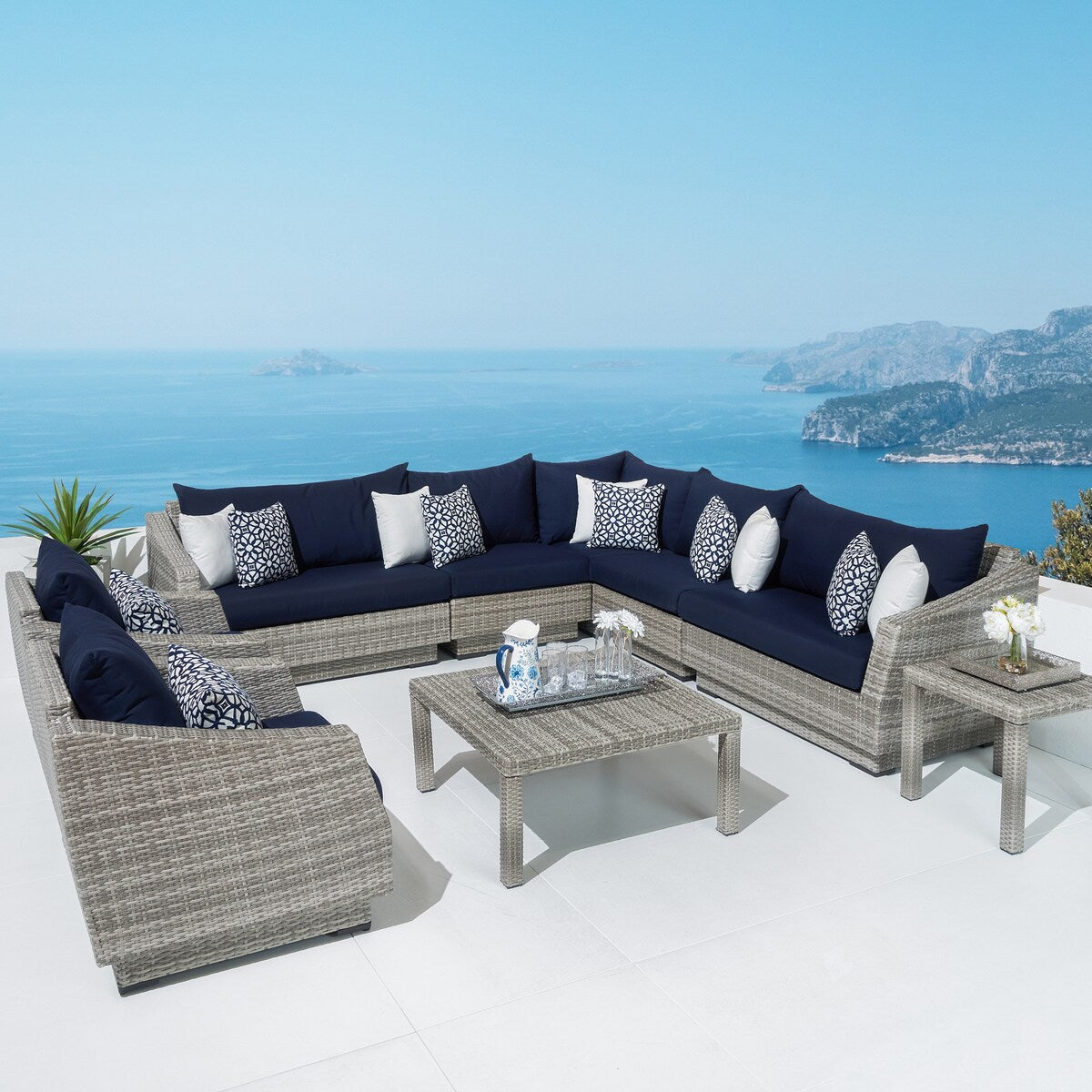 Cannes 9 Piece Sunbrella Outdoor Patio Sectional & Table