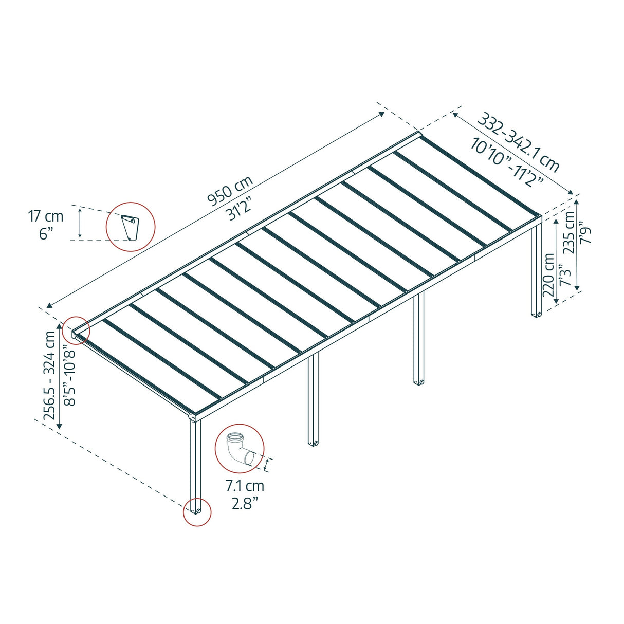 Stockholm 11ft. Gray/Clear Aluminum Patio Cover