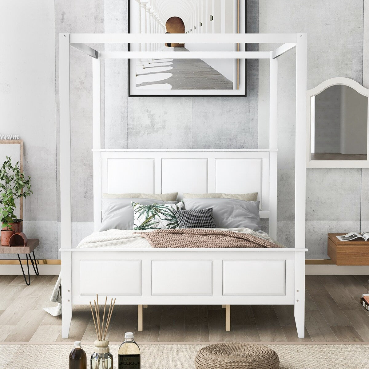 Canopy Bed Sturdy Platform Bed with Open Roof, Headboard and Footboard, Easy Assemble