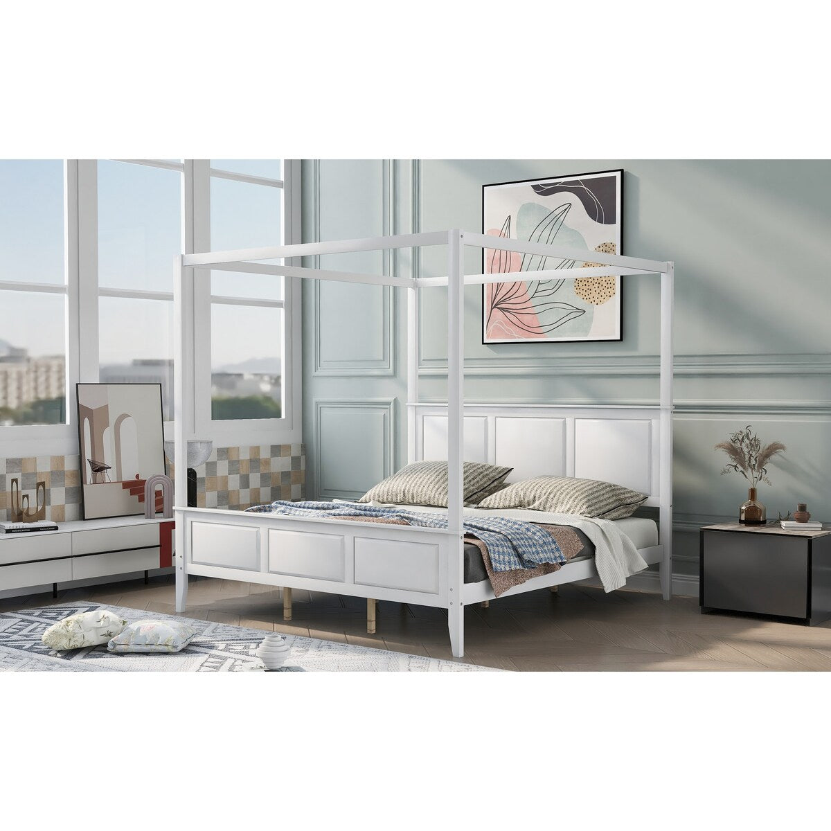 Canopy Bed Sturdy Platform Bed with Open Roof, Headboard and Footboard, Easy Assemble