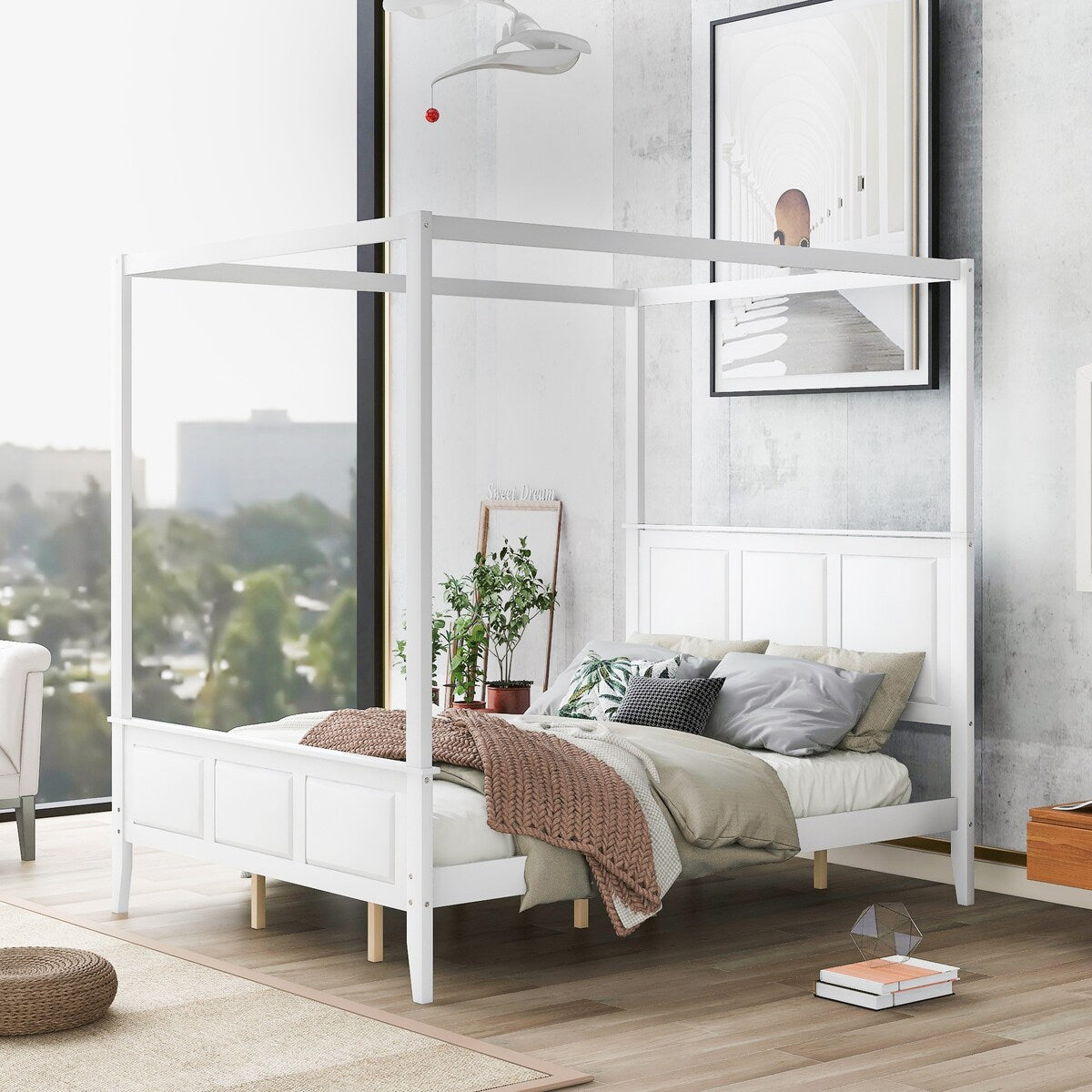 Canopy Bed Sturdy Platform Bed with Open Roof, Headboard and Footboard, Easy Assemble