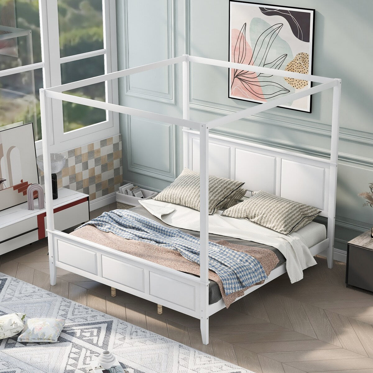Canopy Bed Sturdy Platform Bed with Open Roof, Headboard and Footboard, Easy Assemble