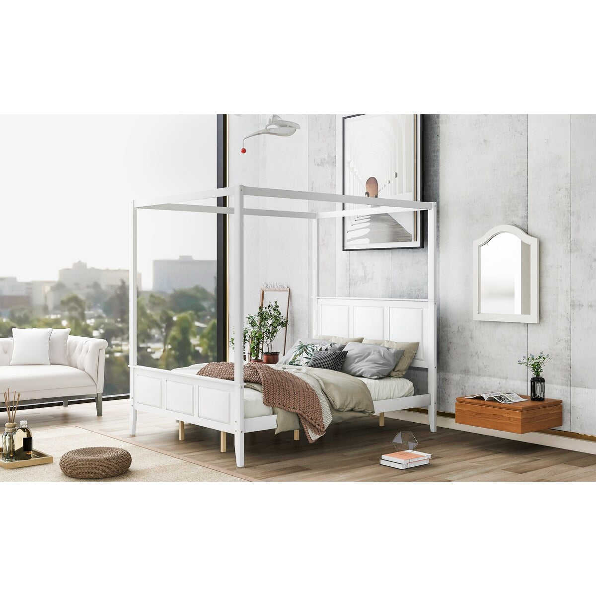 Canopy Bed Sturdy Platform Bed with Open Roof, Headboard and Footboard, Easy Assemble