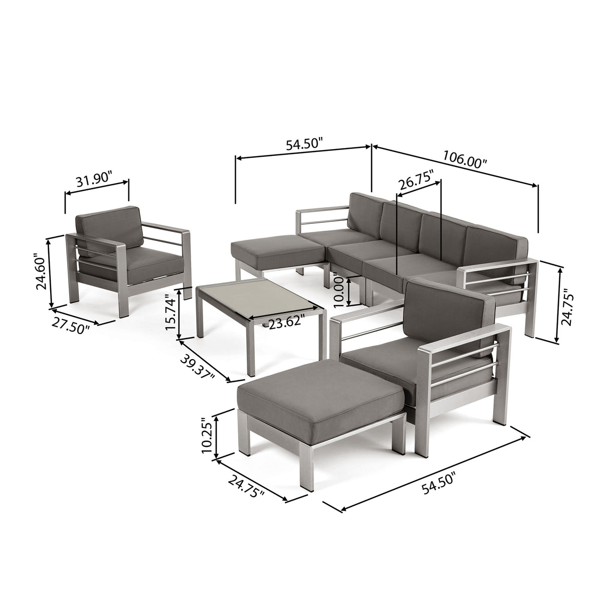 Cape Coral Outdoor 6-Seater Aluminum Sectional Sofa Set with Ottomans and Coffee Table by Christopher Knight Home