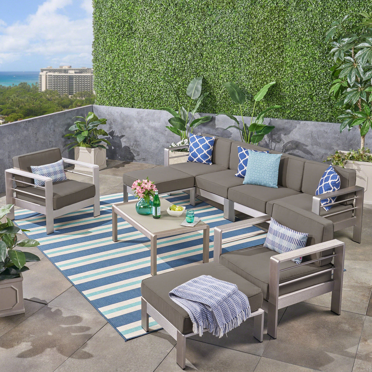 Cape Coral Outdoor 6-Seater Aluminum Sectional Sofa Set with Ottomans and Coffee Table by Christopher Knight Home