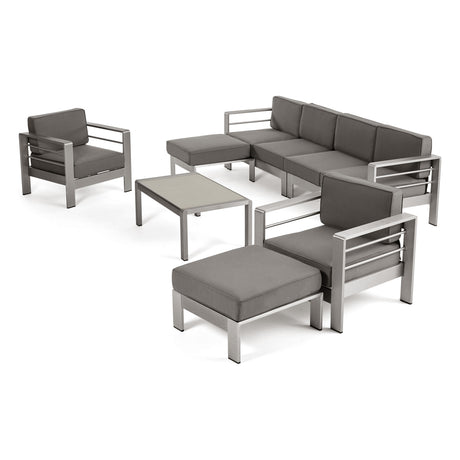 Cape Coral Outdoor 6-Seater Aluminum Sectional Sofa Set with Ottomans and Coffee Table by Christopher Knight Home