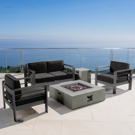 Cape Coral Outdoor Aluminum 5-piece Chat Set with Cushions & Fire Table by Christopher Knight Home