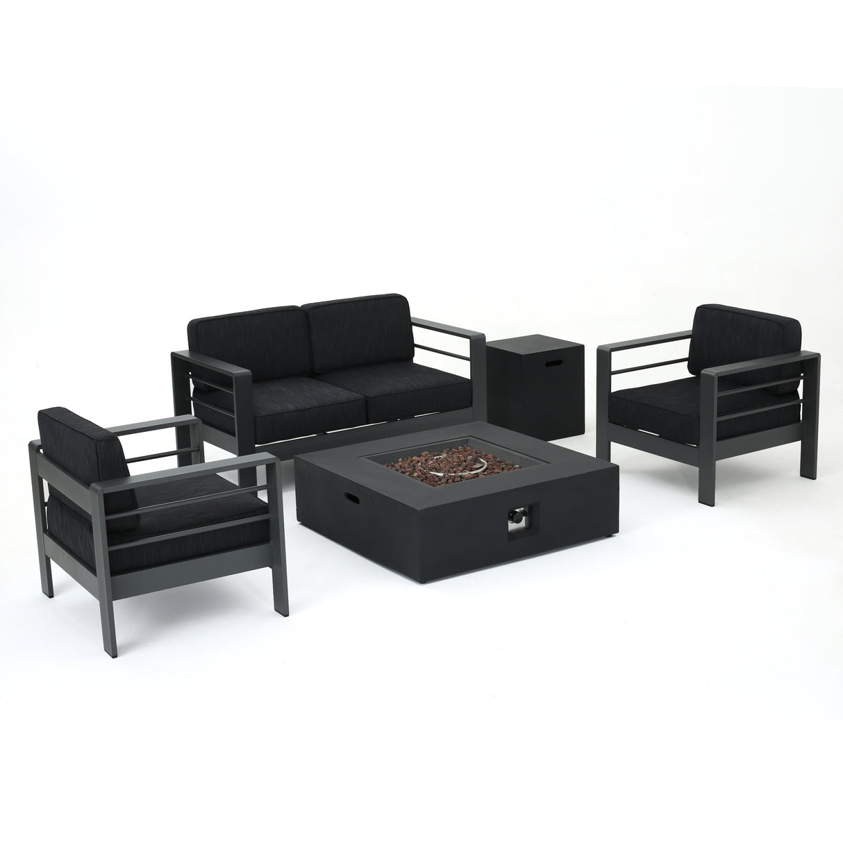 Cape Coral Outdoor Aluminum 5-piece Chat Set with Cushions & Fire Table by Christopher Knight Home