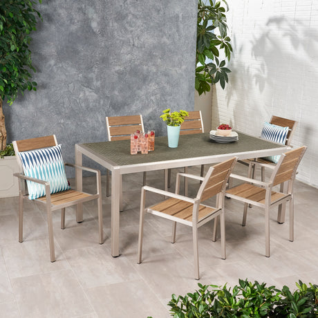 Cape Coral Outdoor Modern 6 Seater Aluminum Dining Set with Faux Wood Seats by Christopher Knight Home