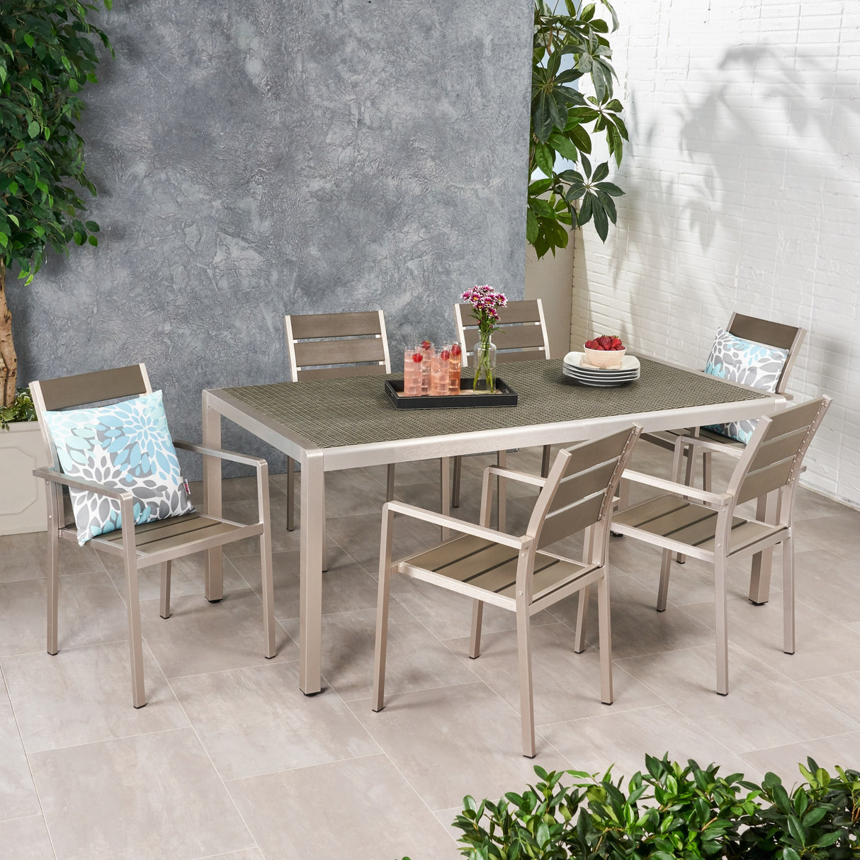 Cape Coral Outdoor Modern 6 Seater Aluminum Dining Set with Faux Wood Seats by Christopher Knight Home