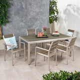 Cape Coral Outdoor Modern 6 Seater Aluminum Dining Set with Faux Wood Seats by Christopher Knight Home