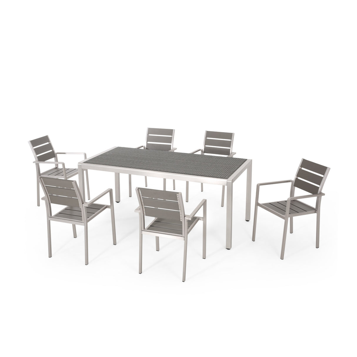 Cape Coral Outdoor Modern 6 Seater Aluminum Dining Set with Faux Wood Seats by Christopher Knight Home