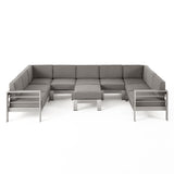 Cape Coral Outdoor Modern 9 Seater Aluminum U-Shaped Sofa Sectional Set with Ottoman by Christopher Knight Home
