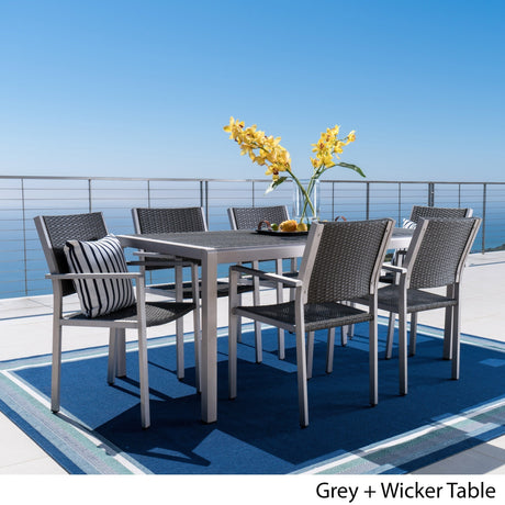Cape Coral Outdoor Rectangle Aluminum 7-piece Dining Set with Wicker Top by Christopher Knight Home